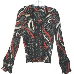 Jennifer LLoyd Blouse Black Red White Pleated Flared Sleeve Lace Up Whimsigoth M